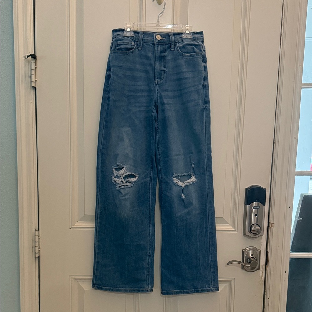 SO Women's Wide Leg Distressed Jeans - Blue